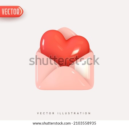 3d vector icon open envelope letter, mail letter with red heart. Realistic Elements for romantic design. Isolated object on white background