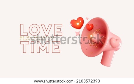 Happy Valentine's Day. Love time concept, realistic 3d megaphone, loudspeaker with red hearts and golden confetti. Vector illustration