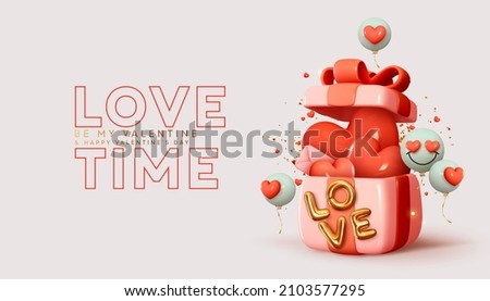 Valentine's day design. Realistic 3d pink gifts boxes. Open gift box full of decorative festive object. Holiday banner, web poster, flyer, stylish brochure, greeting card, cover. Romantic background Stockfoto © 