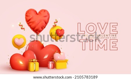 Happy Valentine's Day. Holiday wedding. happy birthday. Festive background with realistic heart shaped balloons red and yellow colors, open gift box. Romantic banner, web poster. Vector illustration Stockfoto © 