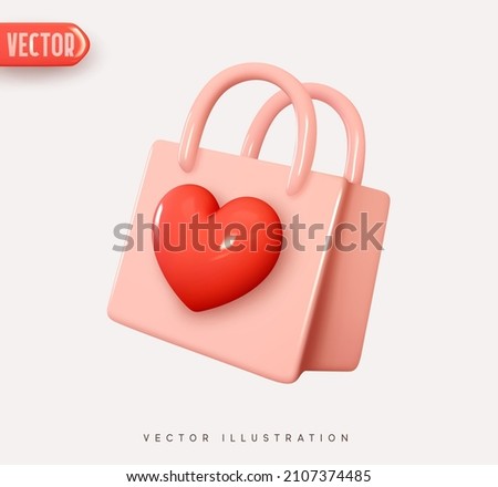 Shopping bag. Fashion pink handbag with handle. 3d vector Icon with red heart. Realistic Elements for romantic design