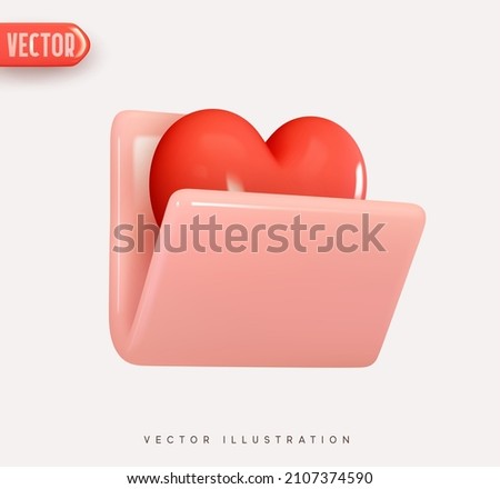 Pink file, open folder. 3d vector Icon with red heart. Realistic Elements for romantic design