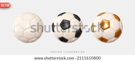 Soccer ball. Football balls Set realistic 3d design style. Leather texture golden and white black color. Mockup of sports elements isolated on white background. vector illustration Stockfoto © 