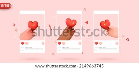 Cartoon hands give hearts. Hands holding red hearts realistic 3d design. Set of template social media frames with emoticons. Creative concept idea for posters template. vector illustration