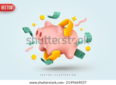 Piggy bank with Money creative business concept. Realistic 3d design. Pink pig keeps gold coins. Keep and accumulate cash savings. Safe finance investment. Financial services. vector illustration ストックフォト © 