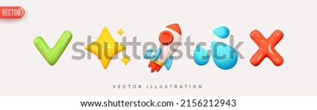 Set of icons realistic 3d render green tick, yellow stars and space rocket, blue water drops and red cross. Pack 5. Vector illustration