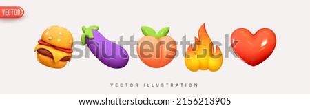 Set of icons realistic 3d render food burger, lilac eggplant, pink peach, yellow fire and red heart. Design glossy emotions. Isolated emoji collection. Pack 4. Vector illustration