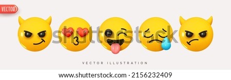Set Icon Smile Emoji. Realistic yellow glossy 3d emotions face. Emoticons collection. Pack 36. Vector illustration