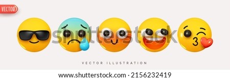 Set Icon Smile Emoji. Realistic Yellow Glossy 3d Emotions face cool with glasses, embarrassed, in love air kiss heart, crying with a tear. Pack 2. Vector illustration