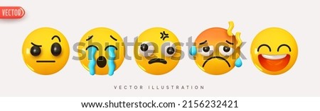 Set Icon Smile Emoji. Realistic Yellow Glossy 3d Emotions face happy smile, headache, tears from eyes, laughter, wink, smirk. Pack 14. Vector illustration