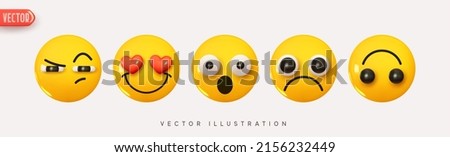 Set Icon Smile Emoji. Realistic Yellow Glossy 3d Emotions face happy lover, indifferent, inverted, gloomy, surprised, angry. Pack 21. Vector illustration