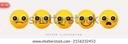 Set Icon Smile Emoji. Realistic Yellow Glossy 3d Emotions face happy satisfied smile, neutral, stunned surprised. Pack 24. Vector illustration