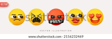 Set Icon Smile Emoji. Realistic Yellow Glossy 3d Emotions face cry is dissatisfied, symbol is over mouth, the eyes in love are heart. Pack 28. Vector illustration