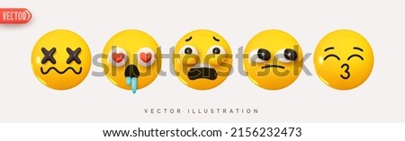 Set Icon Smile Emoji. Realistic Yellow Glossy 3d Emotions face suffers, kiss, in love, incomprehensibly does not understand, dizzy is silent. Pack 26. Vector illustration