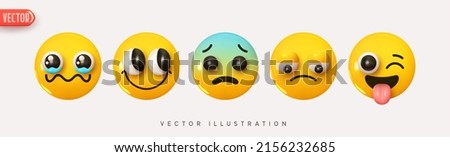 Set Icon Smile Emoji. Realistic Yellow Glossy 3d Emotions face happy smile, frustration, sadness, scary, indifference, winks with tongue. Pack 13. Vector illustration