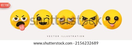 Set Icon Smile Emoji. Realistic Yellow Glossy 3d Emotions face happy tongue out, satisfied, dissatisfied, angry, winks. Pack 9. Vector illustration