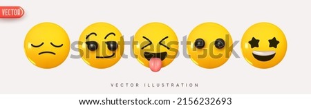 Set Icon Smile Emoji. Realistic Yellow Glossy 3d Emotions face happy smile star eyes, grimacing showing protruding tongue, handsome, sleeping. Pack 19. Vector illustration