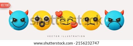 Set Icon Smile Emoji. Realistic Yellow Glossy 3d Emotions face Happy in love, evil and joyful devil, surprise. Pack 7. Vector illustration
