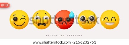 Set Icon Smile Emoji. Realistic Yellow Glossy 3d Emotions face happy smile pleased, bewildered fear, winks, sadness, hysteria. Pack 23. Vector illustration