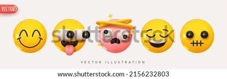 Set Icon Smile Emoji. Realistic Yellow Glossy 3d Emotions face happy smile, funny and cute, satisfied, surprised, mouth shut and stupid. Pack 25. Vector illustration ストックフォト © 