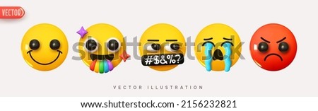 Set Icon Smile Emoji. Realistic Yellow Glossy 3d Emotions face Happy and red angry, crying with tears, smile with tongue rainbow, over mouth symbol. Pack 1. Vector illustration