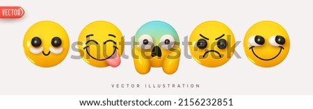Set Icon Smile Emoji. Realistic Yellow Glossy 3d Emotions face silly smile, cosmetic patches, teasing, screaming in fear, fright and frowning. Pack 20. Vector illustration Foto stock © 