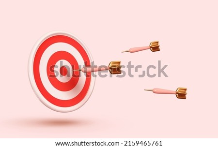 Dartboard with darts Sports game. Marketing time concept. Targeting the business. Realistic 3d design target and arrows. Concept web elements. Vector illustration