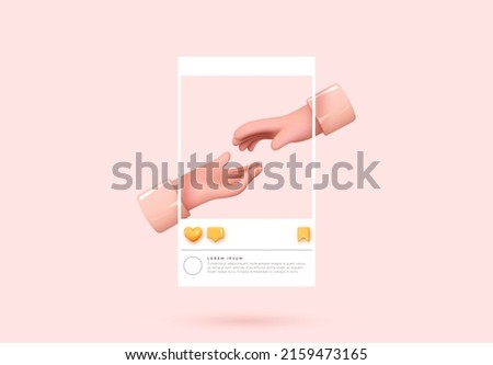 Social media posters template. The hand reaches for the hand. Realistic 3d design. Pink background. Abstract creative concept.  Vector illustration
