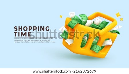 Food basket full of paper green dollars and cash check. Yellow shopping cart realistic 3d object. shopping time. Creative concept idea design. Web landing page, banner and poster. Vector illustration
