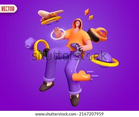 Virtual reality Man Gamer hands holding gaming console controller. Concept of cartoon style character in metaverse. Happy people positive emotions. Human happiness smile on face. vector illustration