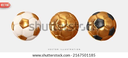 Set Soccer ball. Football balls realistic 3d design style. Leather texture golden and white color. Mockup of sports elements isolated on white background. vector illustration