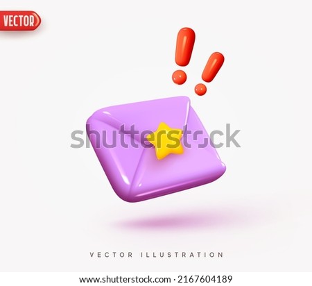 Mail envelope icon with exclamation sing. Envelope letter paper. Send post messages social media element. Purple Realistic 3d symbol email. Isolated object on gray background. vector illustration