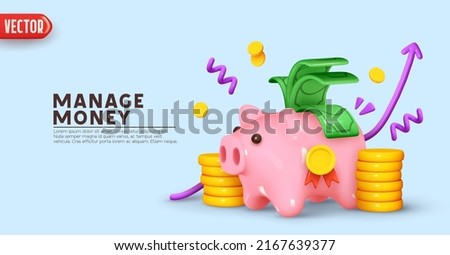Piggy bank Money creative business concept. Pink pig and pile gold coins and paper green dollars. Keep and accumulate cash savings. Safe finance investment. Financial services. vector illustration