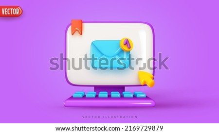 Social media creative concept idea. Mock up desktop computer. Screen device mockup blank monitor. Realistic 3d design. Send Messages Internet social networks. Purple background. vector illustration