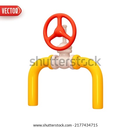 Gas and oil pipe with valve. Realistic 3d design element In plastic cartoon style. Icon isolated on white background. Vector illustration