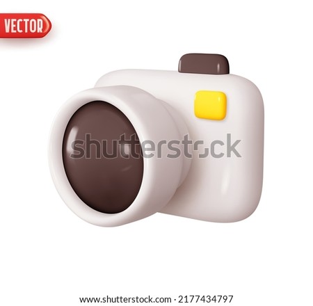 Photo camera. Modern digital SLR photo video camera. Realistic 3d design element In plastic cartoon style. Icon isolated on white background. Vector illustration