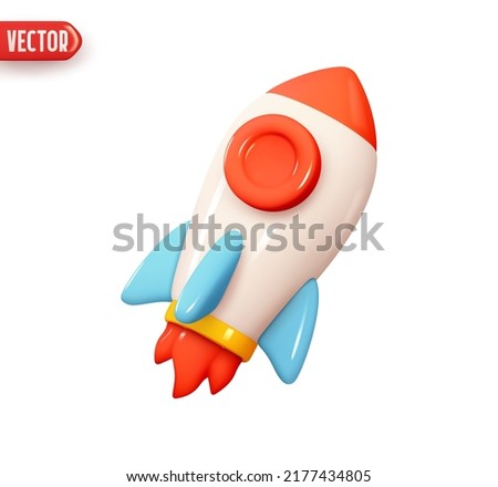 Rocket take off up. Flight spaceship. Realistic 3d design element In plastic cartoon style. Icon isolated on white background. Vector illustration