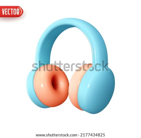 Music audio headphones. Modern audio headset. Realistic 3d design element In plastic cartoon style. Blue Icon isolated on white background. Vector illustration