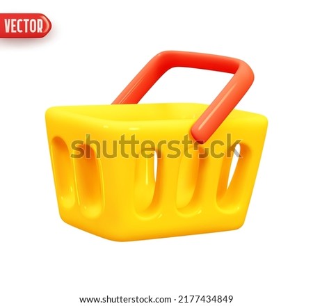 Food basket. Yellow shopping cart. Realistic 3d design element In plastic cartoon style. Icon isolated on white background. Vector illustration