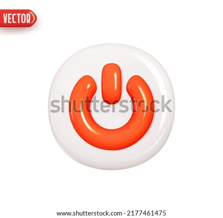 Turn off and on button. Round red power button. Realistic 3d design element In plastic cartoon style. Icon isolated on white background. Vector illustration