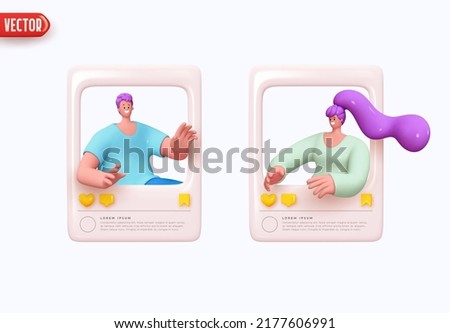 Social media post blogger girl and man. Girls social networks. Captured happy moment of life. Realistic 3d design. Social profile frame young popular people. Selfie creative idea. Vector illustration