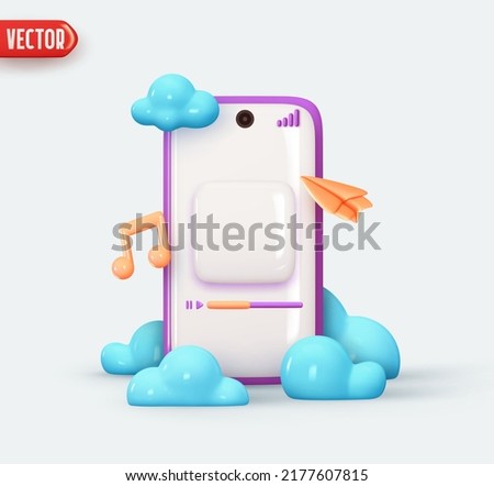 Music player on mobile phone. Streaming music in online cloud platform. audio radio app. Realistic 3d design. Application presentation template. Modern Technology device screen. Vector illustration