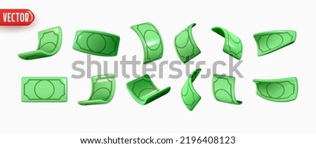 Set of paper money. Collection of dollar bills. Realistic 3d cartoon style design. Business elements. Vector illustration