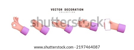 Hands set of realistic 3d design in cartoon style. Hand shows different gestures signs. Vector illustration