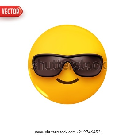 Emoji face is cool in sunglasses. Emoticon yellow glossy color. Realistic 3d design In plastic cartoon style. Icon isolated on white background. Vector illustration