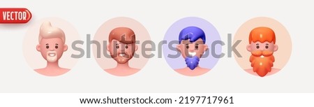 People Avatar Face with smile. Icon user person. Close-up faces of Man and boy in round frame with beard. Set of People happy joyful. Realistic 3d design in cartoon style. vector illustration