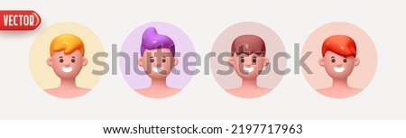 People Avatar Face with smile. Icon user person. Close-up faces of Man and boy in round frame with beard. Set of People happy joyful. Realistic 3d design in cartoon style. vector illustration
