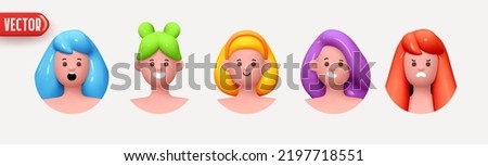 Woman avatar face with smile. Icon user person. Close-up faces of women and young girl in round frame. Set of People happy joyful. Realistic 3d design in cartoon style. vector illustration