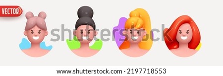 Woman avatar face with smile. Icon user person. Close-up faces of women and young girl in round frame. Set of People happy joyful. Realistic 3d design in cartoon style. vector illustration