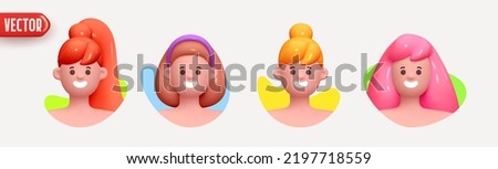 Woman avatar face with smile. Icon user person. Close-up faces of women and young girl in round frame. Set of People happy joyful. Realistic 3d design in cartoon style. vector illustration